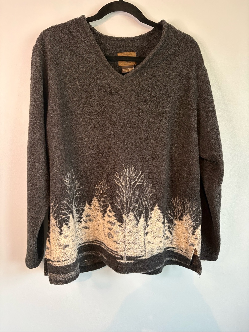 St. John's Bay Charcoal V-Neck Sweater with Cream Tree Border
